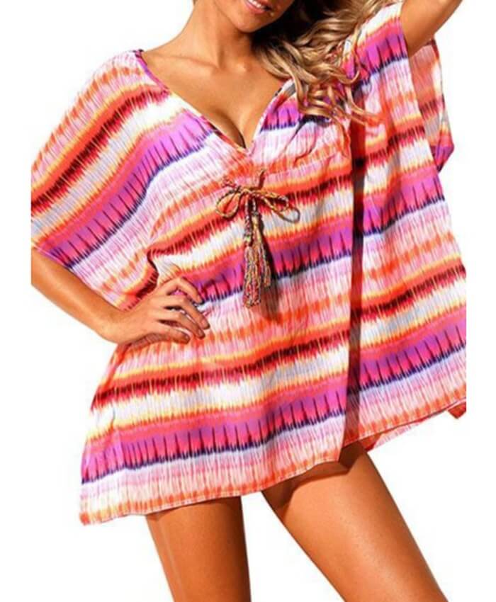 Printed Drawstring Detail V Neck Cover Up